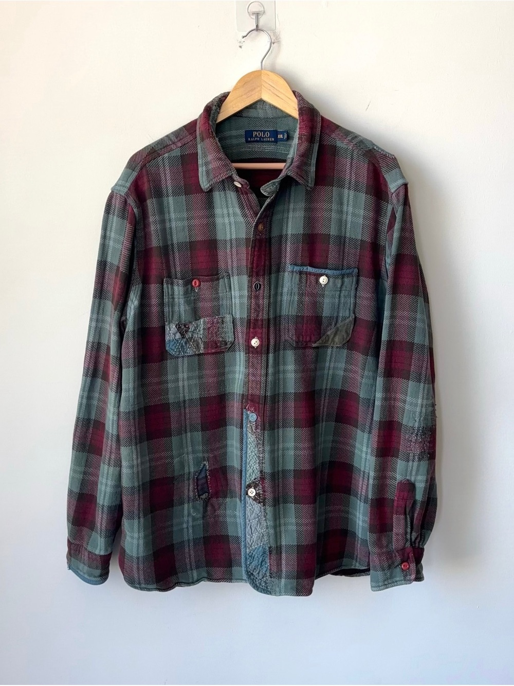 Polo Ralph Lauren Plaid Patchwork Flannel Shirt Men’s XXL Visible Mending